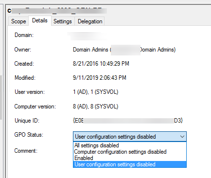 change gpo status - disable user or computer sections