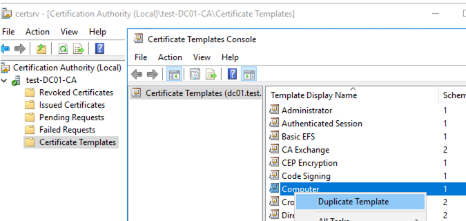 dublicate computer cetrificate template in windows ca