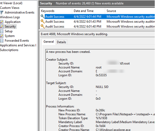 EventID 4688: A new process has been created.
