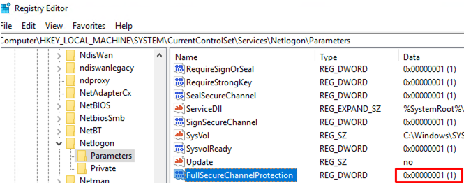 FullSecureChannelProtection registry key to enable DC enforcement mode 