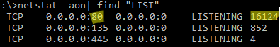 netstat - list open port on windows