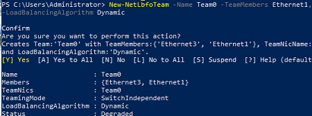 New-NetLbfoTeam creates a new NIC group consisting of two physical NICs