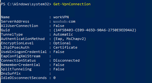 powershell: Get-VpnConnection list on windows 10