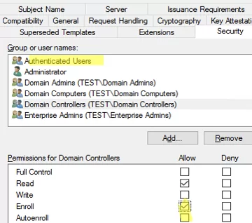 certificate template permissions - allow to enroll and autoenroll