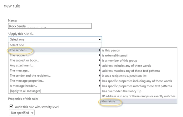 configuring blocking sender domain rule in exchange 