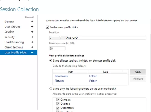 confugure user profile disks on rds