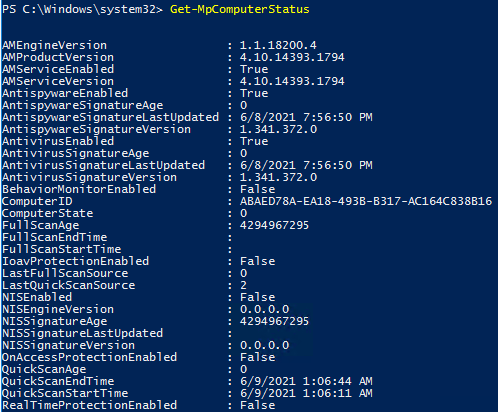 Get-MpComputerStatus reporting Windows Defender Antivirus stae with PowerShell 