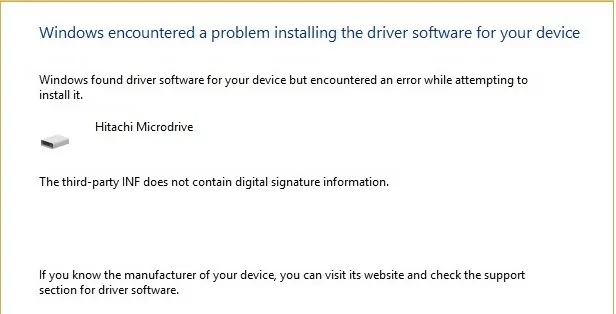 Hitachi Microdrive inf not contain digital signature