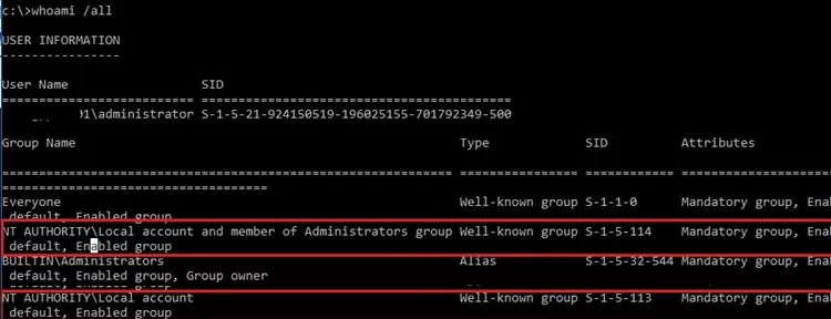 Well-known security group NT AUTHORITY\Local account and member of Administrators group S-1-5-114 