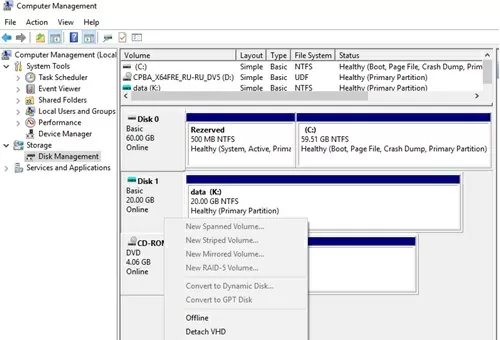 mounted vhdx drive in disk managment console