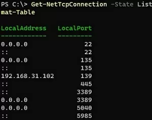 powershell: list open listening ports in windows