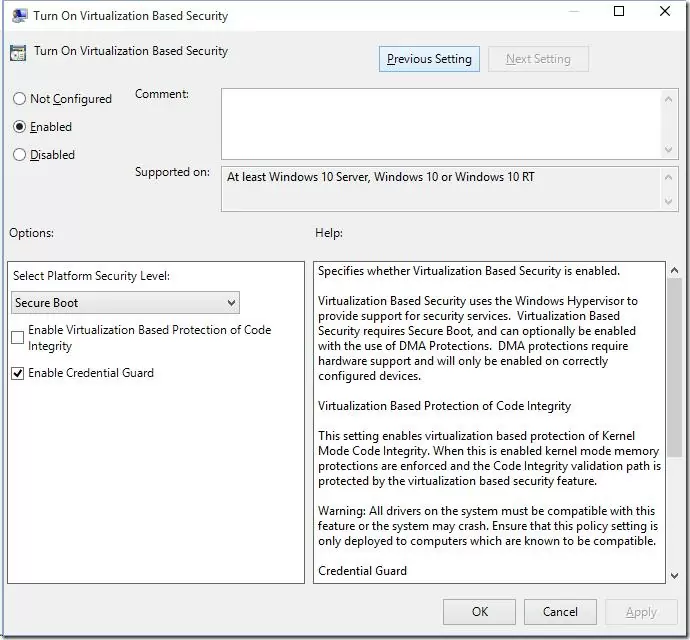 Turn on Virtualization Based Security